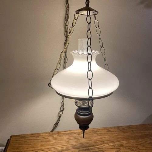 VTG MCM Milk Glass & Hurricane Colonial Style Swag Hanging Lamp Wood Brass