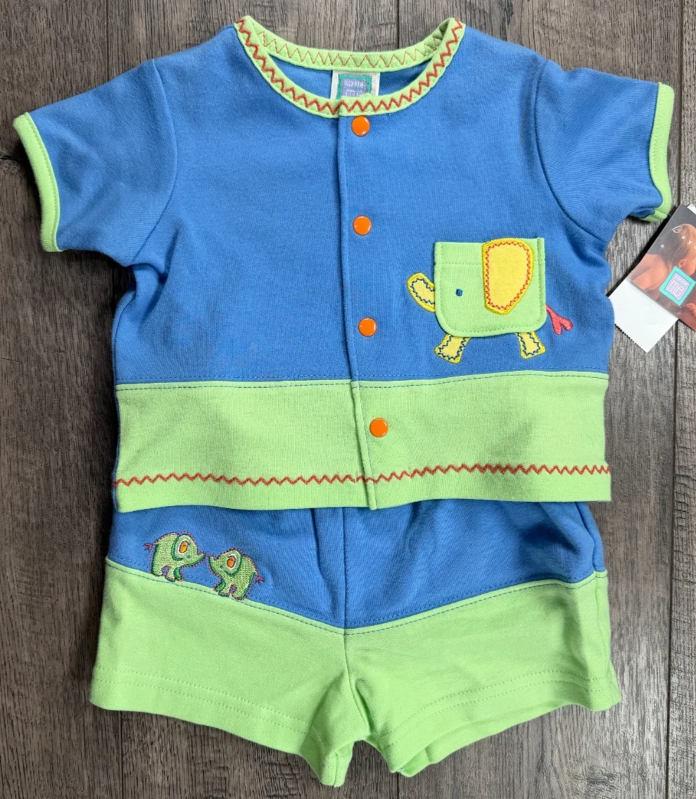 Baby Boy Clothes New Little Me 3 month 2pc Blue Green Elephant Summer Outfit