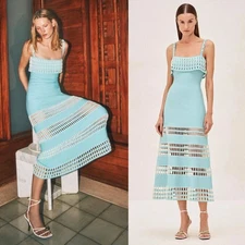 Alexis Priscilla Blue White Embroidered Crochet Knit Square Neck Midi Dress XS