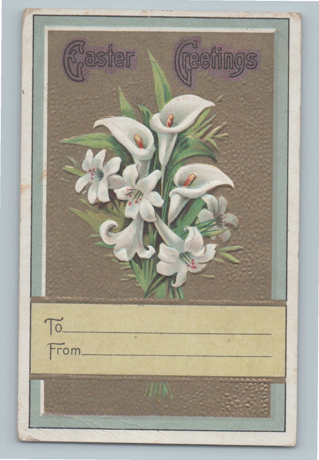 Easter Greetings Gold Embossed Background White Flow Vintage Holiday Postcard K6