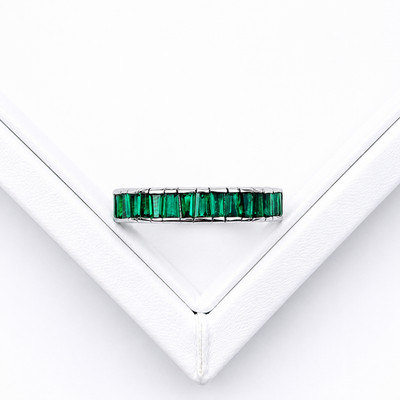 Emerald Baguette eternity ring Silver Rhodium Plated Stackable Ring
