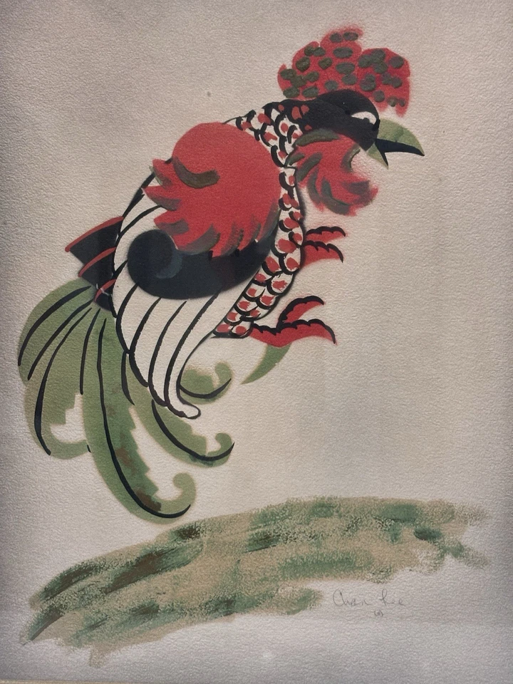 Pintura Acuarela Gallo Asiático, Chan Lee, Raro Genuino Vintage Arte Regalos Foto 3 de 4