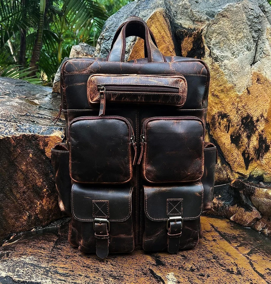 Buffalo Leather Backpack Multi Pockets Daypack Travel Laptop Bag for Men Women - Imagem 2 de 4