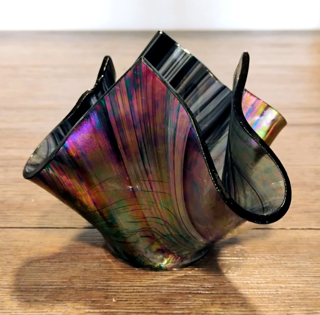Small Handblown Iridescent Art Glass Handercheif Vase Bowl Candle Holder 4"