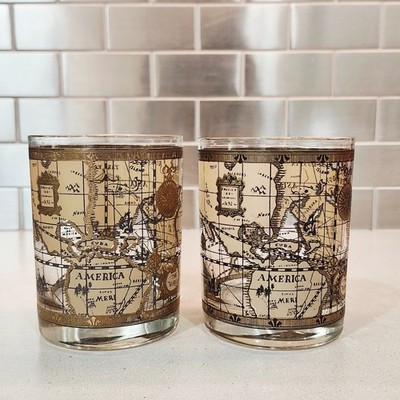 Vintage Cera 22K Gold World Map Lowball Glasses MCM Lot of 2