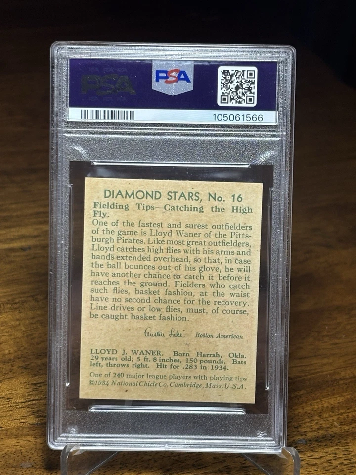 1934-36 1935 Diamond Stars #16 Lloyd Waner Pirates HOF PSA 4 Beautiful Color - Image 2 of 2