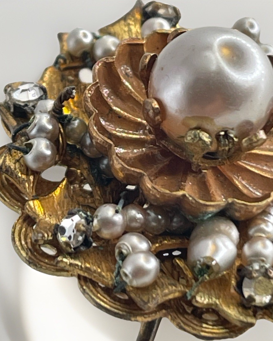 Miriam Haskell Rhinestone & Faux Pearl Stick Pin … - image 2