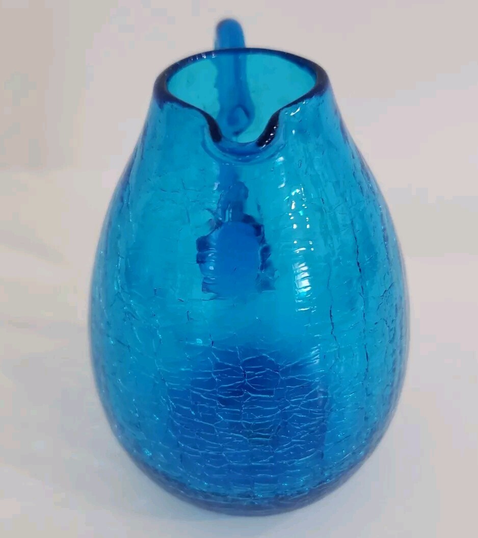 Vintage Blue Crackle Glass Mini Pitcher Bud Vase Applied Handle Approx 3.5”H