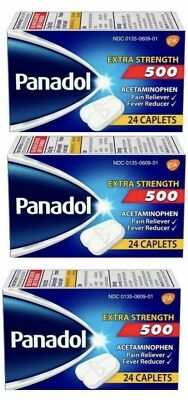 3 Pack of 24 PANADOL 500 mg Extra Strength Caplets Pain Reliever Exp -01/2026