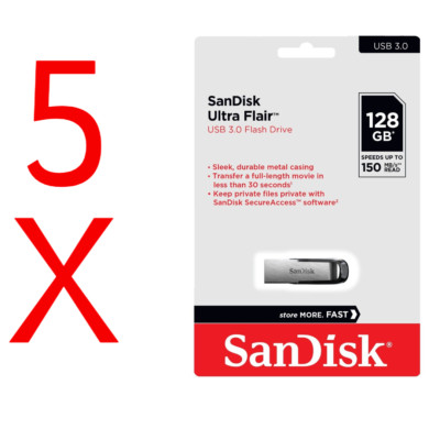 Lot of 5 x SanDisk 128GB USB CZ73 Ultra Flair USB 3.0 150MB/s SDCZ73-128G Retail