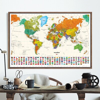 World Map Poster Details Travel Country With Flags  Art Decor  (  36'' X  24''  )