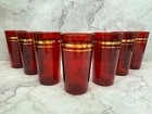 7 Anchor Hocking Royal Ruby Flat Tumblers Glasses 9oz Gold Bands 4 3/4" Vintage