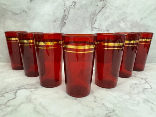 7 Anchor Hocking Royal Ruby Flat Tumblers Glasses 9oz Gold Bands 4 3/4" Vintage