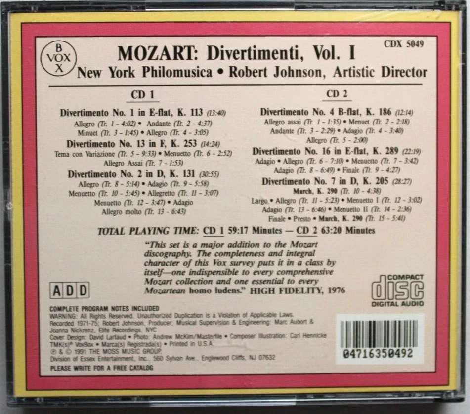 MOZART DIVERTIMENTI ТОМ 1 РОБЕРТ ДЖОНСОН [КАК НОВЫЙ КОМПАКТ-ДИСК] VOBOX 2 ДИСКА {122} - Изображение 2 из 4