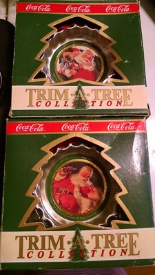 2 Coca Cola Bottle Cap Trim a Tree Collection 1991 Santa & Elf & Santa & Kid