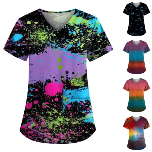 Women Printed Scrub Working Uniform V-Neck Short Sleeve Workwear Tee With Pocket - Picture 2 of 39