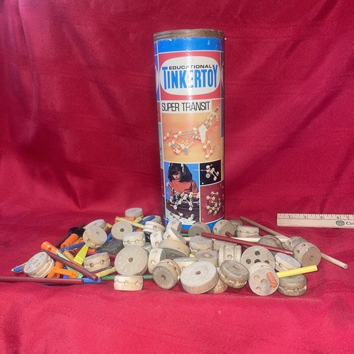 Vintage 1970s Tinker Toy Construction Set in Canister Super Transit #146 100+ Pc