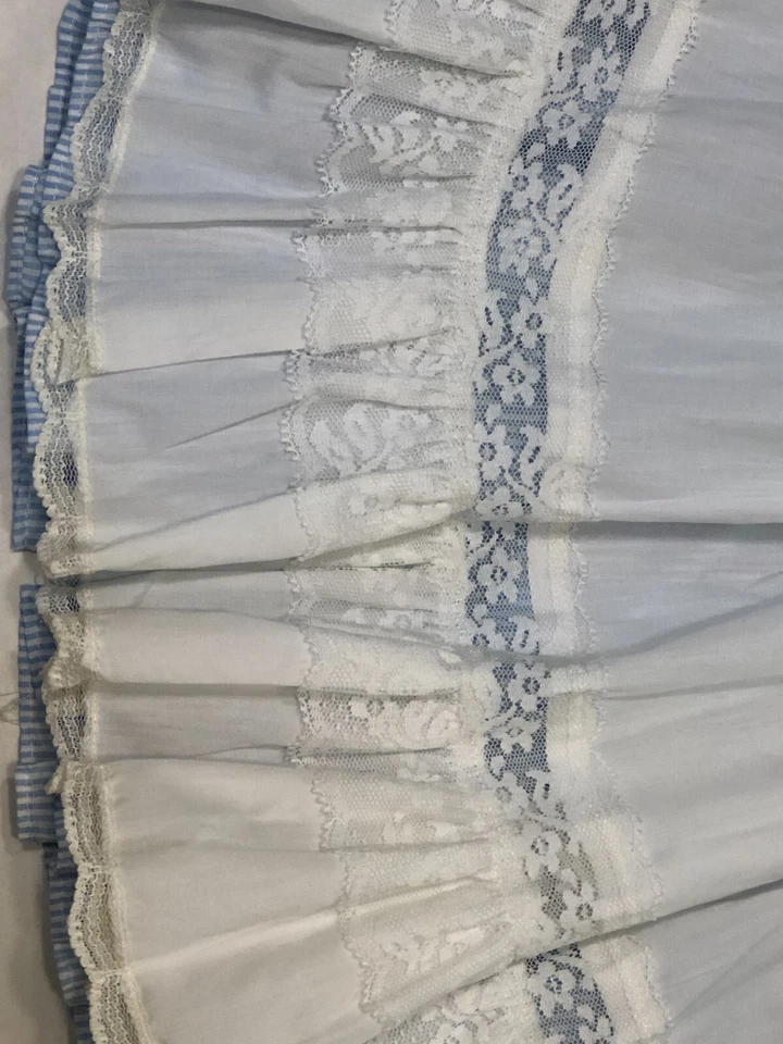 Vintage Bryan Pinafore Dress 4 White Blue Striped Lace Trim Ruffle full circle - Image 3 of 4