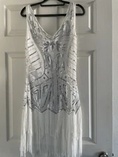 Babeyond Flapper Dress Costume 20s Sequins Beaded Silver On White Size Small