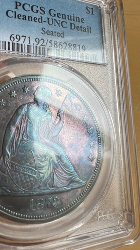 1873 $1 Seated Liberty SILVER DOLLAR Genuine - UNC Details (Cleaned) PCGS Toned - Picture 6 of 8