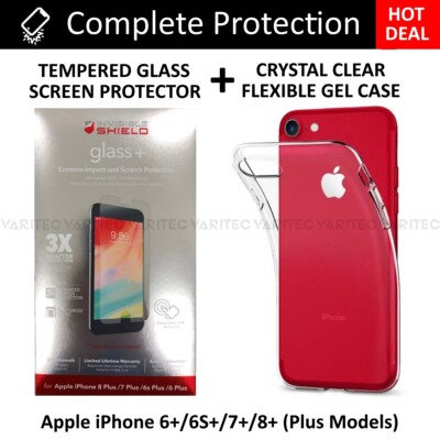 Klare TPU Gel Hülle Cover + Zagg Glas Displayschutz für iPhone 6+ 6s+ 7+ 8+ Plus