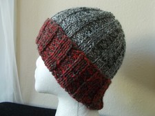 Hand knitted elegant and warm wool blend beanie/hat, red/gray tones twist