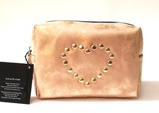 NEW METALLIC ROSE GOLD PVC+GOLD TONE HEART STUDS,ZIP,COSMETIC BAG,POUCH,CASE