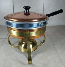 Chafing Dish Warming Pan, Copper & Brass Wood Handles, Vintage MCM Entertaining