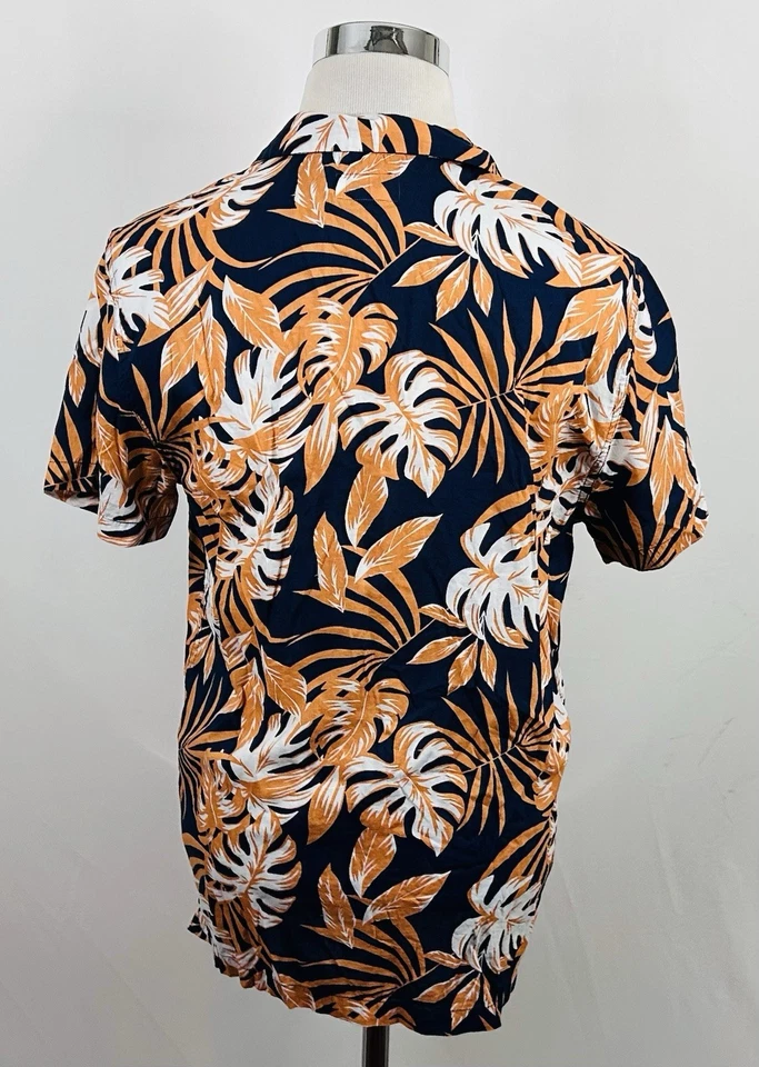 Camisa Onia Mediana Hawaiana Aloha Azul Marino Naranja Floral Palmeras Mezcla de Algodón Foto 4 de 4