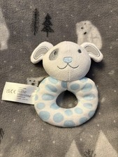 Tiny Treasures White Dog & Pastel Blue Spots Ring Rattle Baby Toy Argos 5”