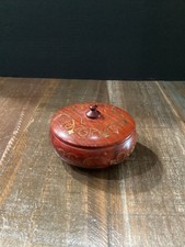 Vintage Hand Carved small Wooden brass Inlaid Round trinket Box boho