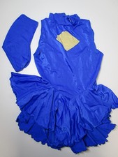VTG Royal Blue Figure Skating Dress Leotard Diamond Cut Out Halter w Skate Cover