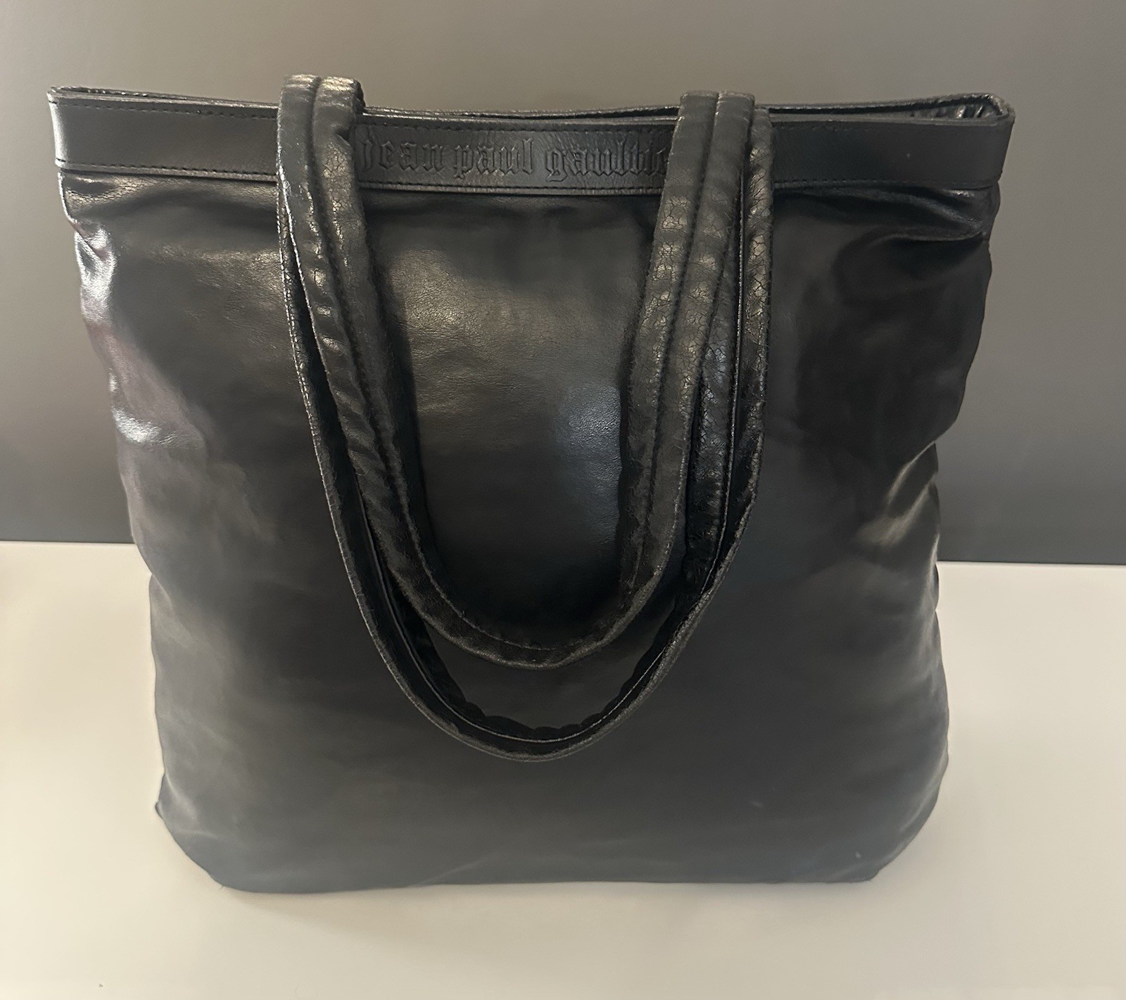 Jean Paul Gaultier Black Leather Tote Logo Vintage 12" X 13" Double Handle Rare