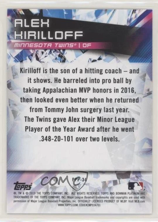 2019 Bowman Platinum Green Refractor /99 Alex Kirilloff #PPP-34 - Image 2 of 2