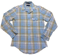 Vintage Levi's Plaid Shirt Blue Label Mens Medium Western Blue Tan Long Sleeves