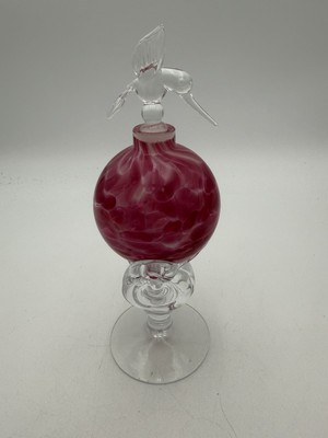 Vtg Perfume Bottle W/Hummingbird Stopper Marbled Pink Hand Blown Glass     Cab