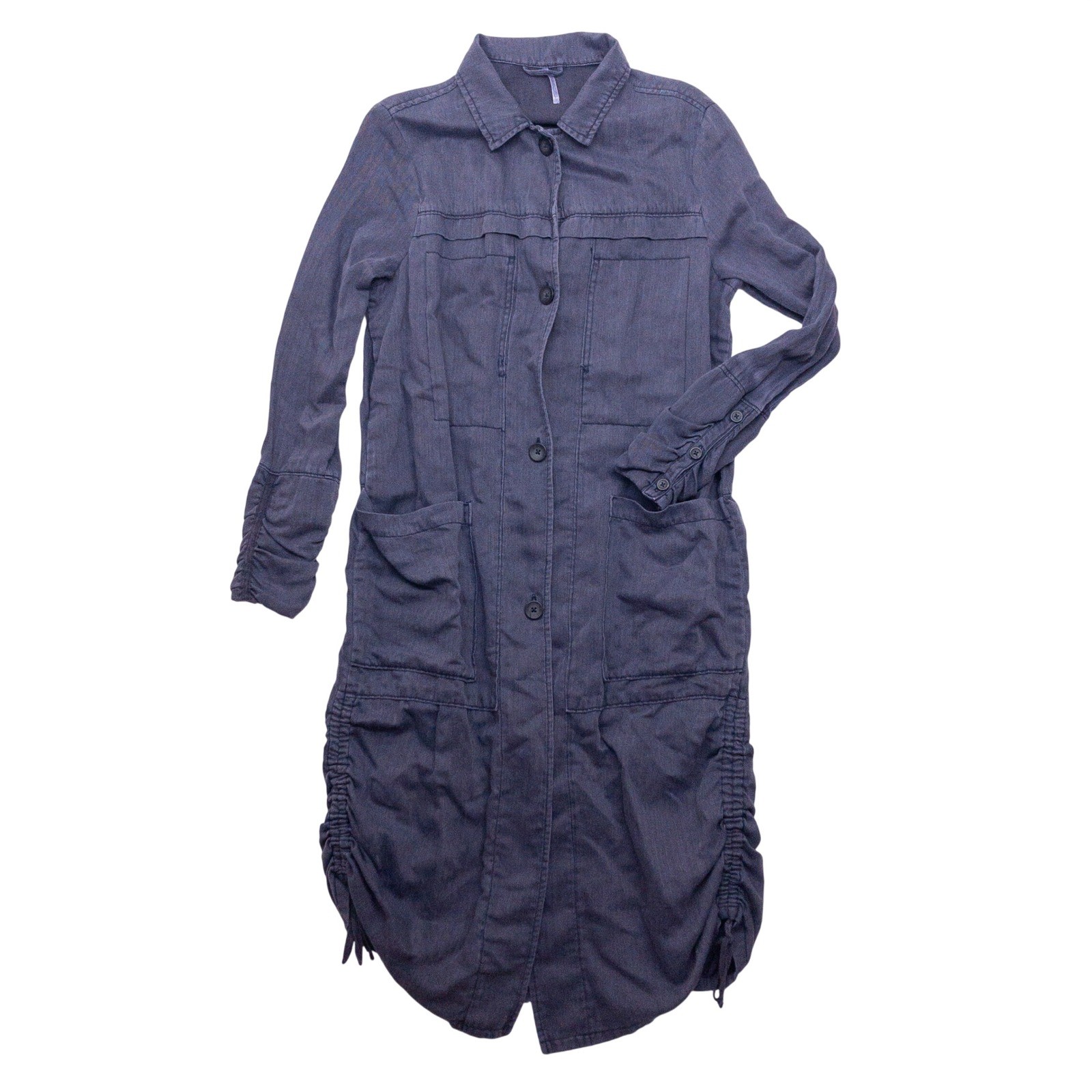 Free People Linen Blend Duster Jacket Womens Small Blue Ruched Herringbone