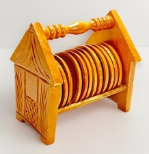 Vintage Wooden Coaster Set With Holder Hand Carved Cabin Rustic 12pc Drink