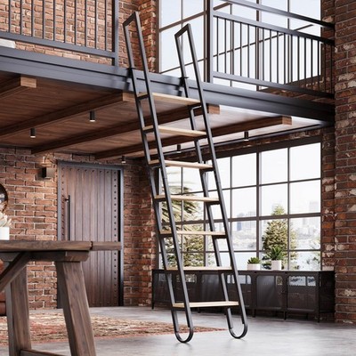 9.35FT Industrial Style Loft Ladder 7 Steps w/Steel Handrails & Solid Wood Steps