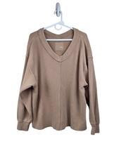 Aerie Women's V-Neck Pullover Sweatshirt Tan Brown Ribbed Oversized Size Medium