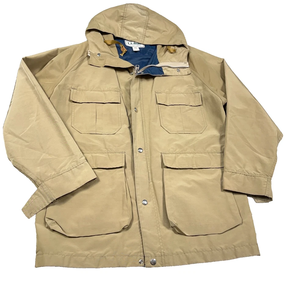 Vintage LL Bean Jacket Men Medium Tan Rain Chore Coat Nylon Hooded USA 80s 90s - Image 2 of 4