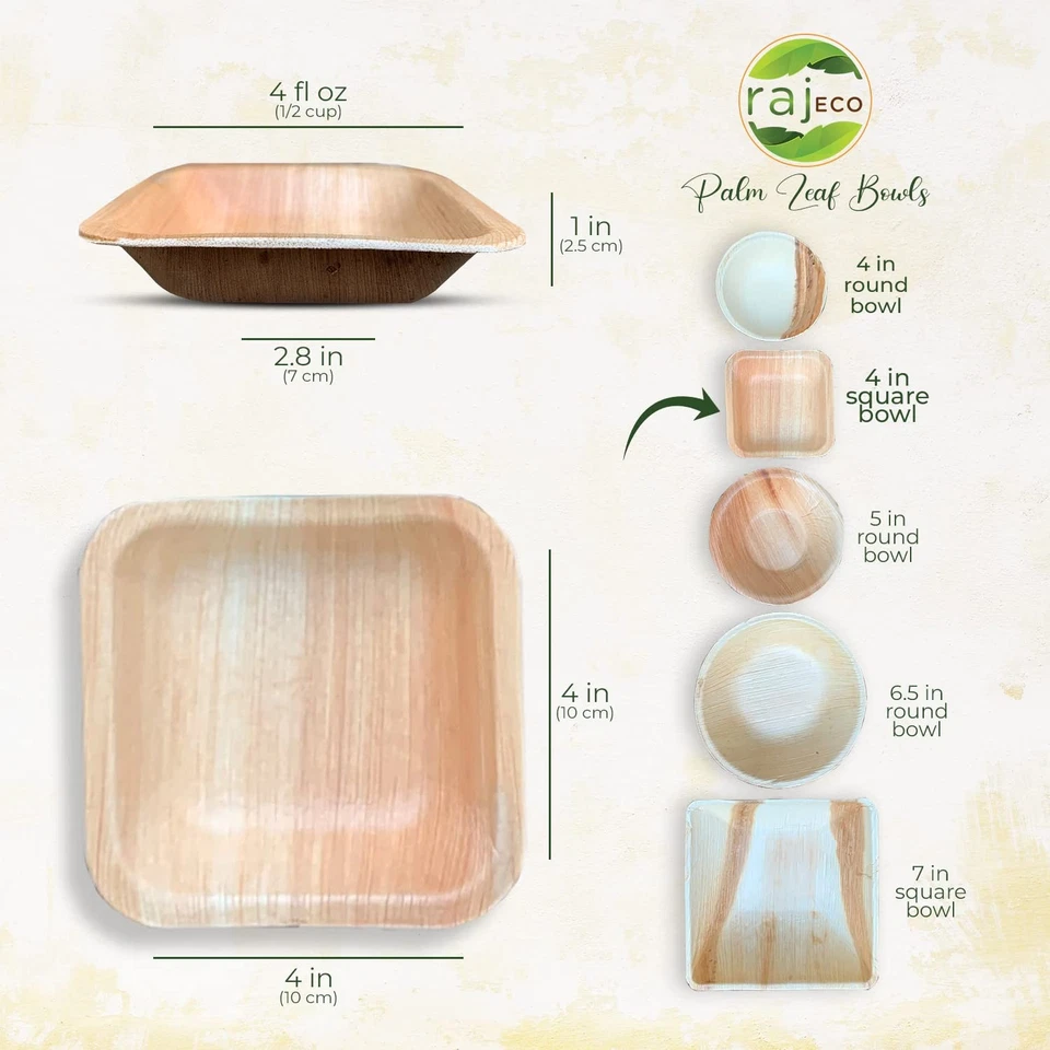 Raj одноразовые пальмовые листья оптом чаши (200 штук, 4-дюймовые квадратные чаши) прочная чаша... - Изображение 2 из 4