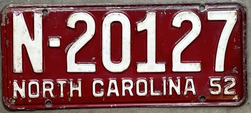 1952 North Carolina License Plate