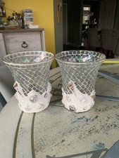 Gorgeous 2 Cracked Glass Sea Shell Vases For Decor 7  x5.5  Nautical Beach Theme