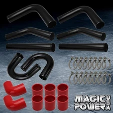 UNIVERSAL 3.0" 8PC BLACK ALUMINUM FMIC DIY TURBO U PIPING KIT w/ RED COUPLERS 