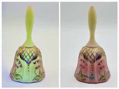 Fenton Burmese Uranium Glass Designer Bell Bleeding Hearts Gold Lattice Glows