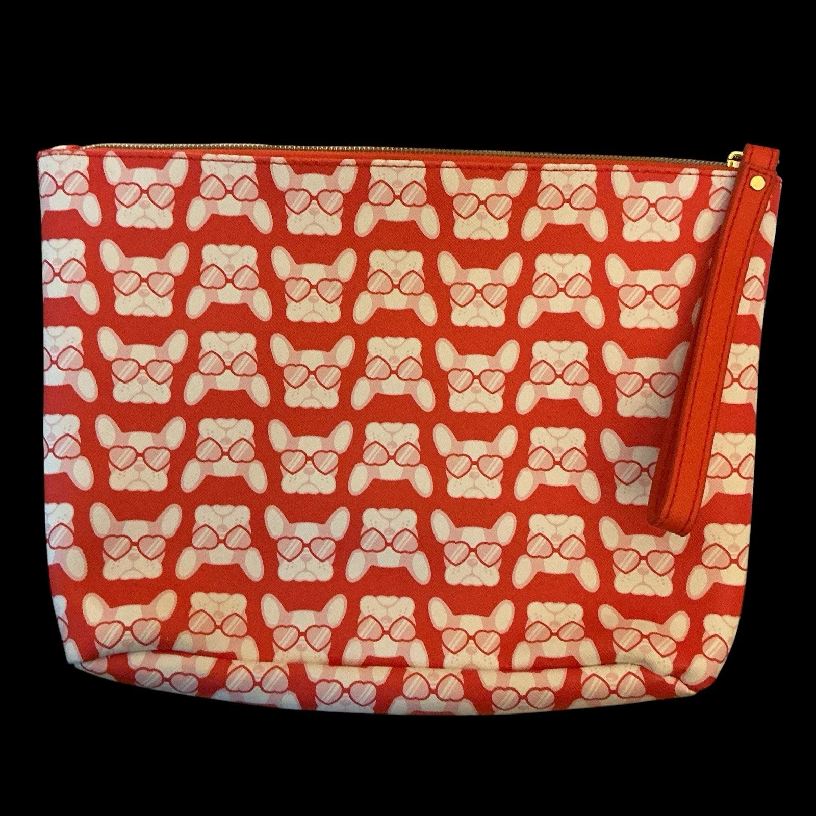 DABNEY LEE FRENCH BULLDOG PATTERN COSMETIC CASE WITH ZIP & WRISTLET SZ L