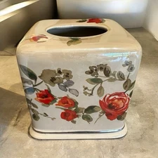 VTG LENOX-WAMSUTTA Ceramic Pearlized Taupe W/Red Luster Roses Tissue Box Cover