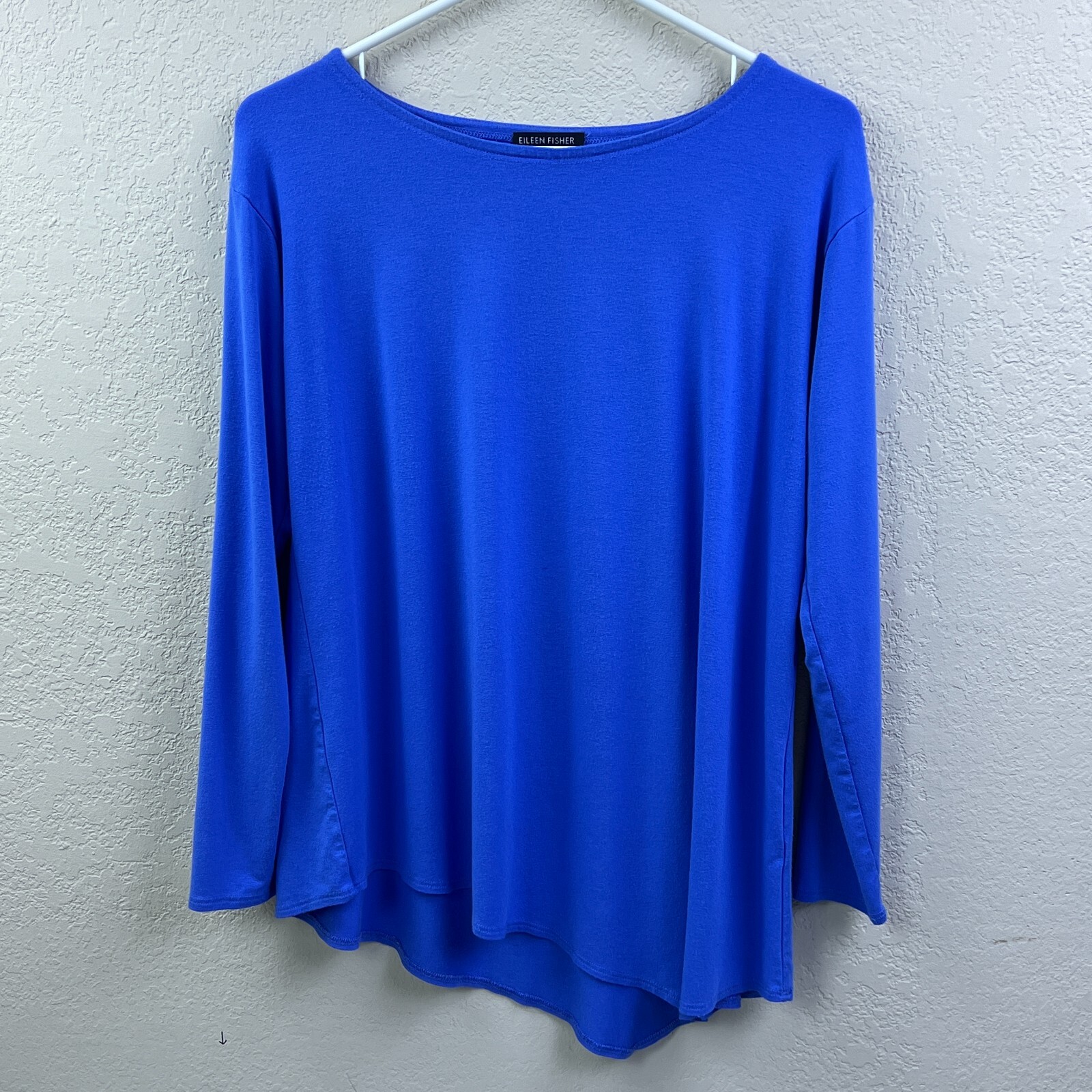 Eileen Fisher Fine Stretch Jersey Knit Bateau Neck Top Womens M Blue Asym Shirt*