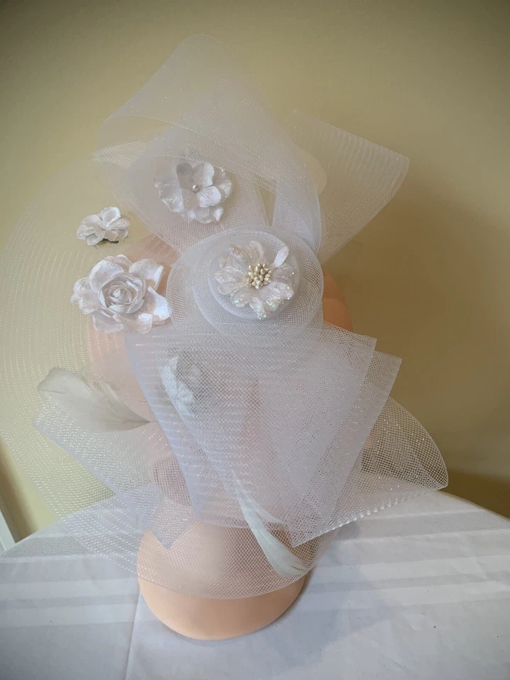 Flower Fascinator Hat Floral Cocktail Tea Party Wedding Headband Vintage White - Image 2 of 4
